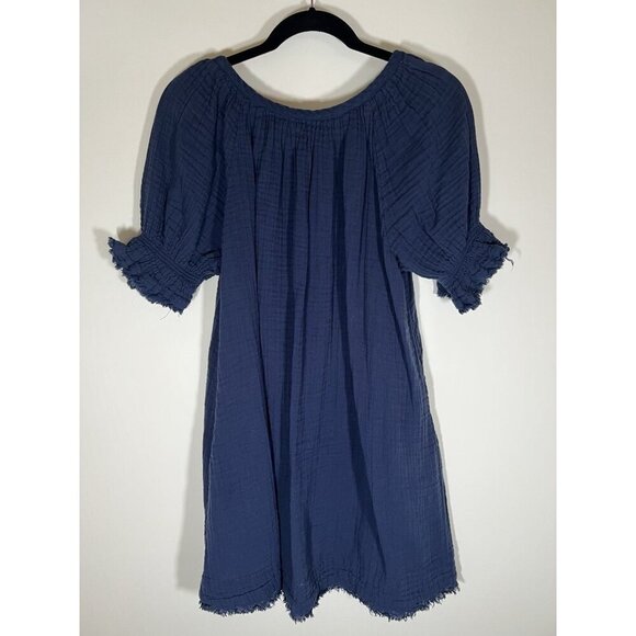 FREE PEOPLE navy gauzy fringe mini dress a-line L festival lightweight boho - Picture 1 of 10